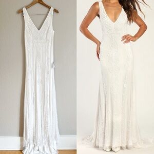 Passionate Romance White Beaded Sequin Mermaid Maxi Dress Large